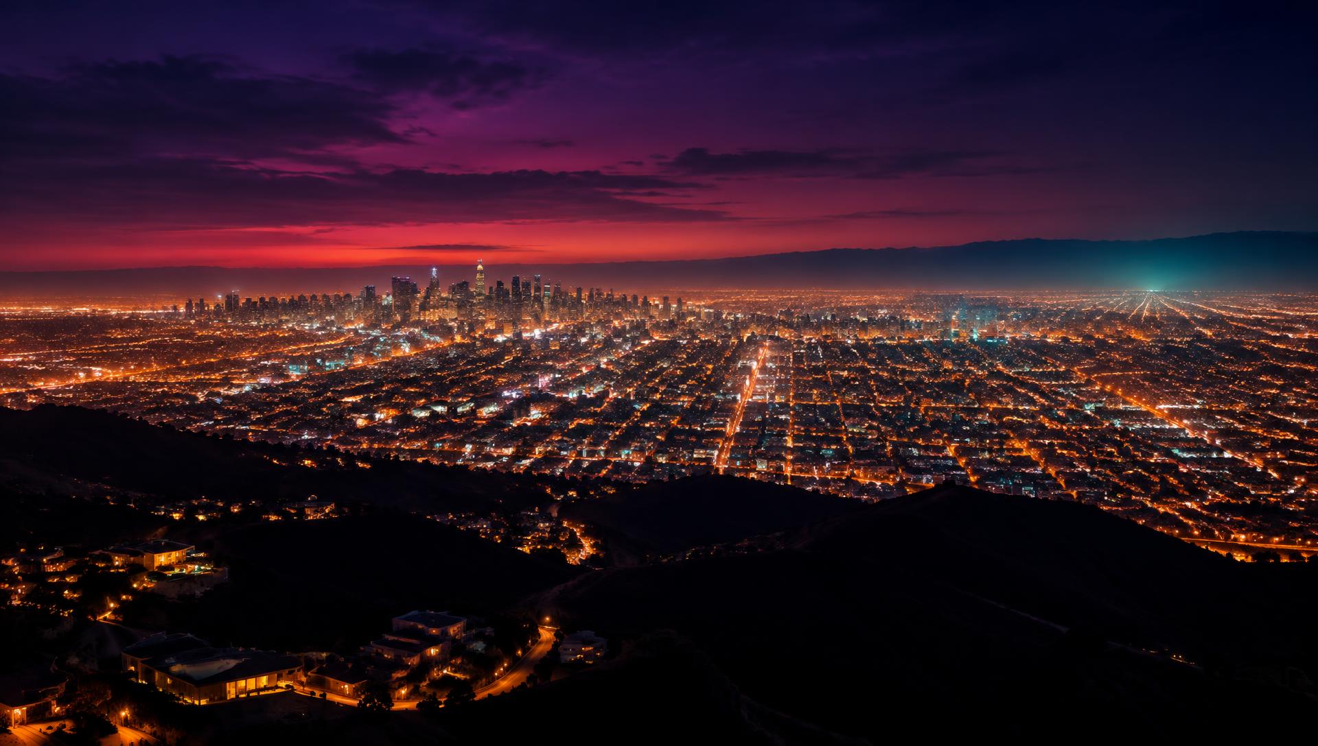Los Angeles city lights at twilight seen from the hills
